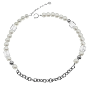 Collar chic de acero de titanio con perlas blancas, cristales de hielo y cadenas de plata