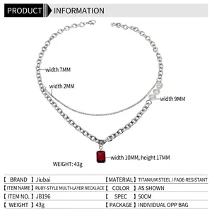 Double-layered titanium steel necklace with ruby pendant and pearl detail in 50cm length