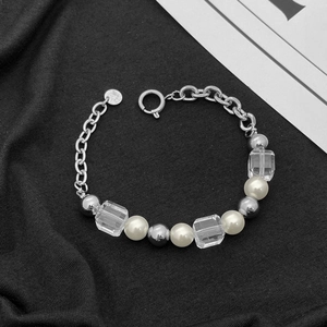 Bracelet en Acier au Titane Inoxydable pour Femmes Hommes Künstliche Perle d'Imitation Cristal Cube Transparent Bijoux Style Froid