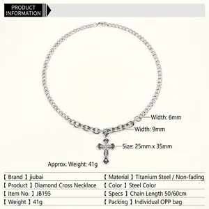 Collier hip-hop en acier titane avec double chaîne et pendentif croix serti de strass