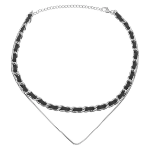 Collana girocollo a doppio strato con catena argento e pelle intrecciata nera e maglie