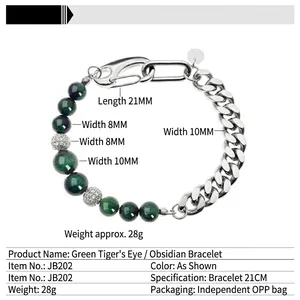 Bracelet cubain avec œil de tigre et obsidienne pour hommes et femmes en acier inox