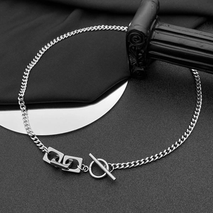 Unisex silver titanium OT clasp necklace with cuban links and rectangular charms