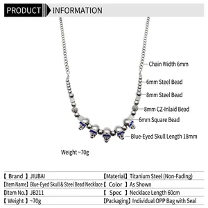 Collier hip hop en acier titane avec pendentif tête de mort aux yeux bleus et chaîne de 6mm