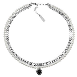 Collana Hip Hop a Doppio Strato in Acciaio al Titanio Per Uomo Donna Con Perla Artificial Sintetica e Pendente a Cuore Nero
