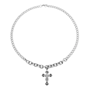 Collier hip-hop à chaîne cubaine argentée avec pendentif croix orné de strass