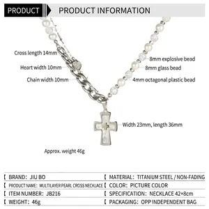 Collier hip hop multicouche avec croix en acier titane, perles et pendentif coeur