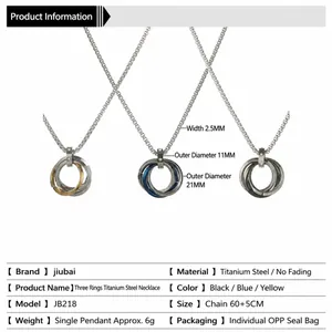 Collier avec pendentif à trois anneaux imbriqués en acier inoxydable or, bleu et noir