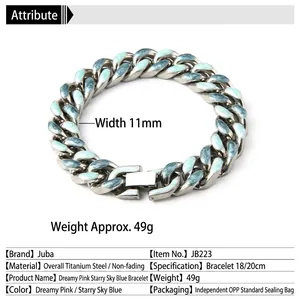 Cuban link bracelet in titanium steel with pink and starry blue enamel finish
