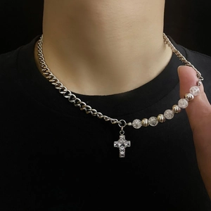 Collier cubain hip hop avec perles en cristal et pendentif en croix serti de diamants