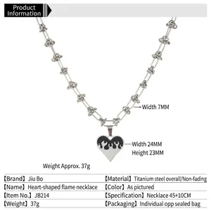Titanium steel heart necklace with black white flame pattern on a chunky silver link chain