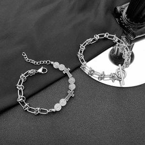 Ensemble de Bracelets Croix Double Couche en Acier Inoxydable Unisexe Gothique Punk Strass Chaîne de Perles Bijoux Couple