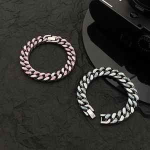 Unisex Titanium Steel Cuban Link Bracelet For Couples Hip Hop Enamel Drip Oil Pink Blue Starry Sky Pattern Jewelry Chain Bracelet
