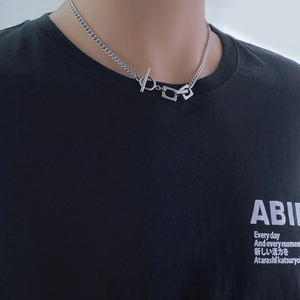 Unisex silver titanium steel necklace featuring a chunky flat chain and unique OT clasp