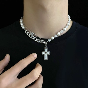 Collier hip hop pour hommes avec perles blanches, chaîne cubaine et pendentif croix