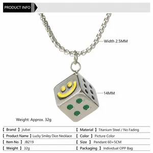 Titanium steel necklace with smiley face dice pendant featuring 60+5cm chain length