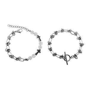 Ensemble de bracelets croix en acier titane avec chaîne divisée et perles translucides