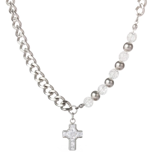 Collier Street Hip Hop en Acier Titane Avec Pendentif Croix Couture Zircone Chaîne Cubaine Perles Métalliques Homme Femme
