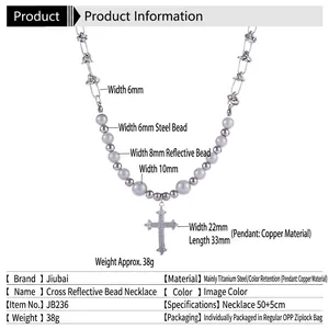 Collier croix à billes réfléchissantes en acier inoxydable avec pendentif en cristal