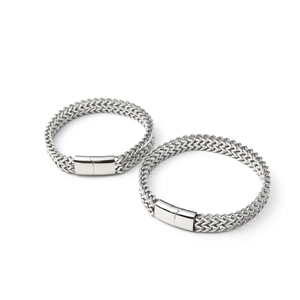 Detail view of double-row woven wheat chain stainless steel bracelet with magnetic clasp