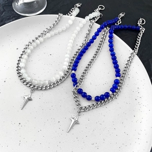 Collier Double Rang en Acier Inoxydable Minimaliste pour Hommes Femmes Étoile à Quatre Branches Bleu Blanc Pierre Œil de Chat Pendentif