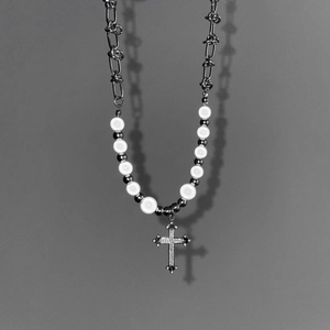 Collier Pendentif Croix Hip Hop en Acier Titane Argent pour Hommes Femmes Chaîne Épissage de Fausse Künstliche Perle Bijoux Gothiques
