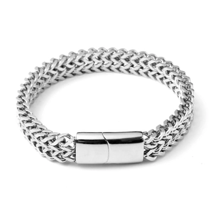 Polished silver stainless steel square weave chain bracelet with minimalist magnetic clasp