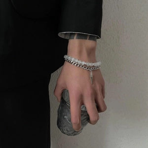 Minimalist double layer cuban chain bracelet with white cat eye stone beads and star charm