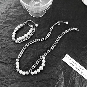 Unisex Stainless Steel Splicing Necklace White Faux Artificial Pearl Cuban Chain Silver Color Square Metal Bead Hip Hop Punk Jewelry
