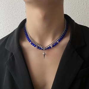 Collier double rang en acier inoxydable avec perles oeil de chat bleues et étoile