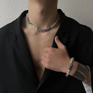 Minimalist silver thorn necklace and bracelet set with white cat eye stone beads