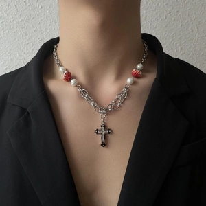 Gothic Kreuz Herz Anhänger Halskette Titanstahl Kunstperle Zirkonia Kette Hip Hop Punk Schmuck Für Unisex
