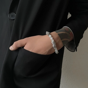 Minimalist cat eye stone bead bracelet with textured silver metal links for men and women