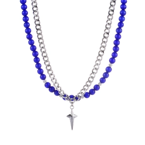 Collier double rangée en acier titane avec perles bleues et pendentif étoile à quatre branches