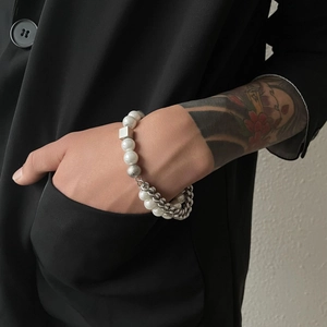 Hip hop cuban link and pearl spliced necklace for men with minimalist square charms