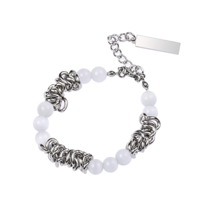 Minimalist unisex cat eye stone beaded bracelet with silver metal thorn chain accents
