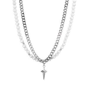 Collier double épaisseur en acier titane avec perles œil de chat et pendentif étoile