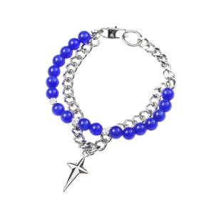 Double-layered star bracelet with blue beads, silver cuban chain and star pendant