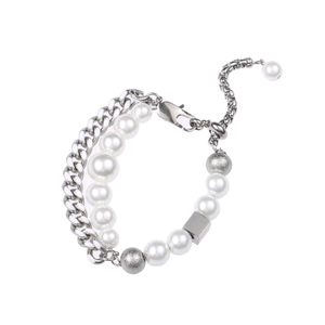 Double-layered hip hop necklace with silver Cuban chain, pearls and square metal charms