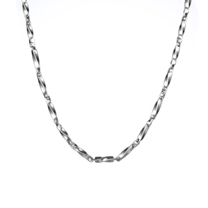 Detailed close-up of a silver titanium steel chain with twisted rectangular links