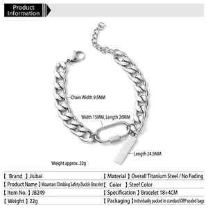 Men's titanium steel Cuban link bracelet with carabiner clasp and rectangle metal tag