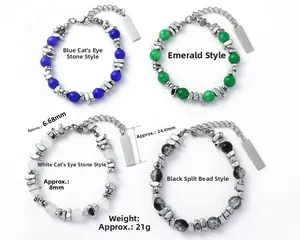 Detailed view of bead bracelets with cat eye stones, stainless steel tags and lobster clasp
