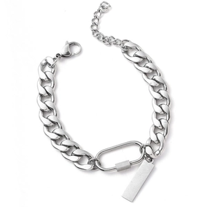 Men Titanium Steel Carabiner Cuban Chain Bracelet Hip Hop Punk Streetwear Jewelry With Rectangular Tag Silver Color