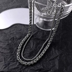 Collana a Catena a Doppio Strato con Osso di Drago da Uomo in Acciaio al Titanio Argento Minimalista Hip Hop Unisex