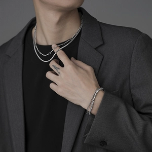 Men's double-layered silver titanium steel bamboo link chain necklace and bracelet set