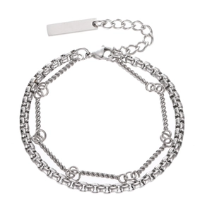 Men's vintage double-layer bamboo box and rope chain bracelet in polished silver steel