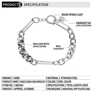 Bracelet gourmette cubaine en acier titane bleu et argent avec fermoir rond, long 19cm