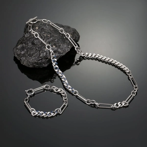 Herren Set aus Titanstahl-Panzerkette und Armband mit blauen Emaille-Akzenten