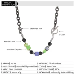 Retro titanium steel necklace with black onyx beads and colorful square stones, OT buckle