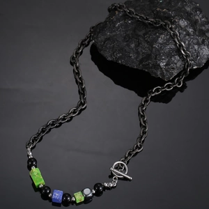 Unisex Titanium Steel Lacquered Colorful Stone Bead Necklace Alloy Pendant Hip Hop Geometric Cube OT Clasp Vintage Neck Jewelry